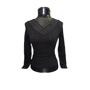 Unbranded Womens (XS-S) BLACK Goth Shirt Ribbed Long Sleeves Lace Trim V-Neck